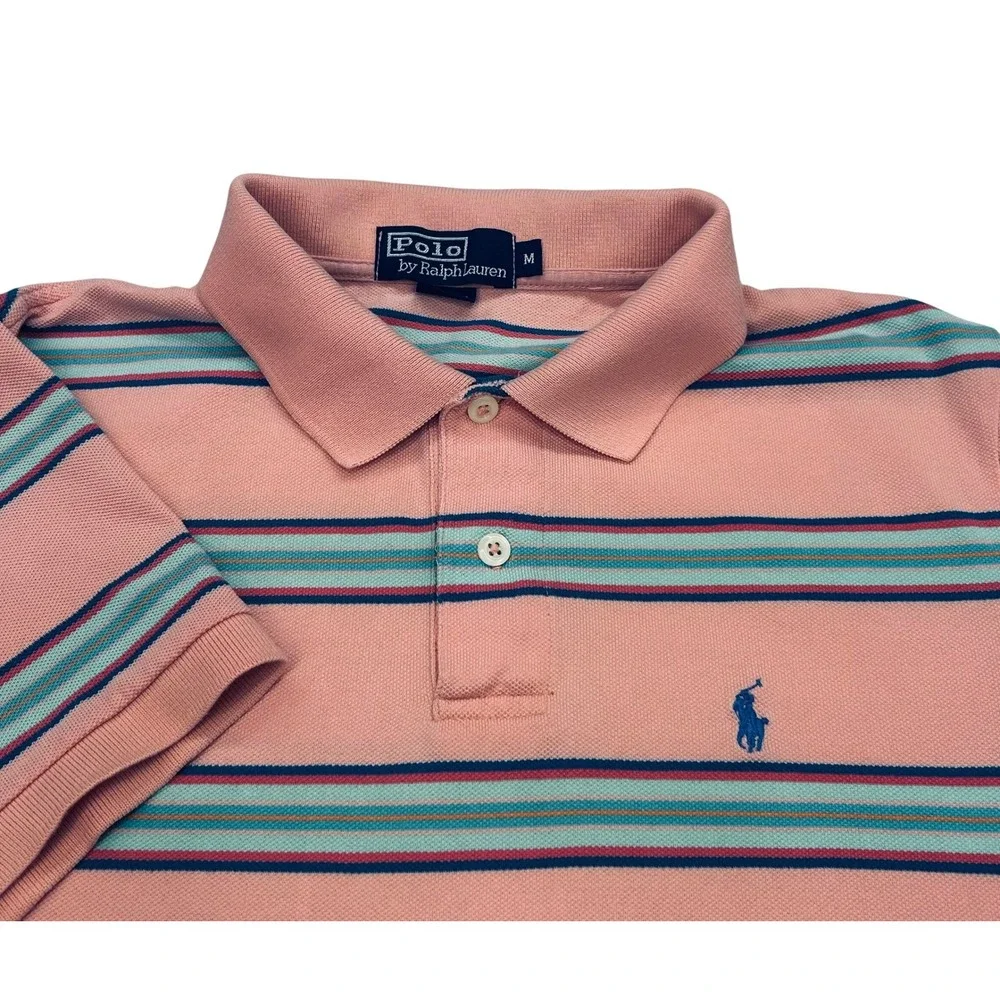 Polo Ralph Lauren Classic Fit Polo Shirt Mens M Salmon Pink Striped Preppy Y2K